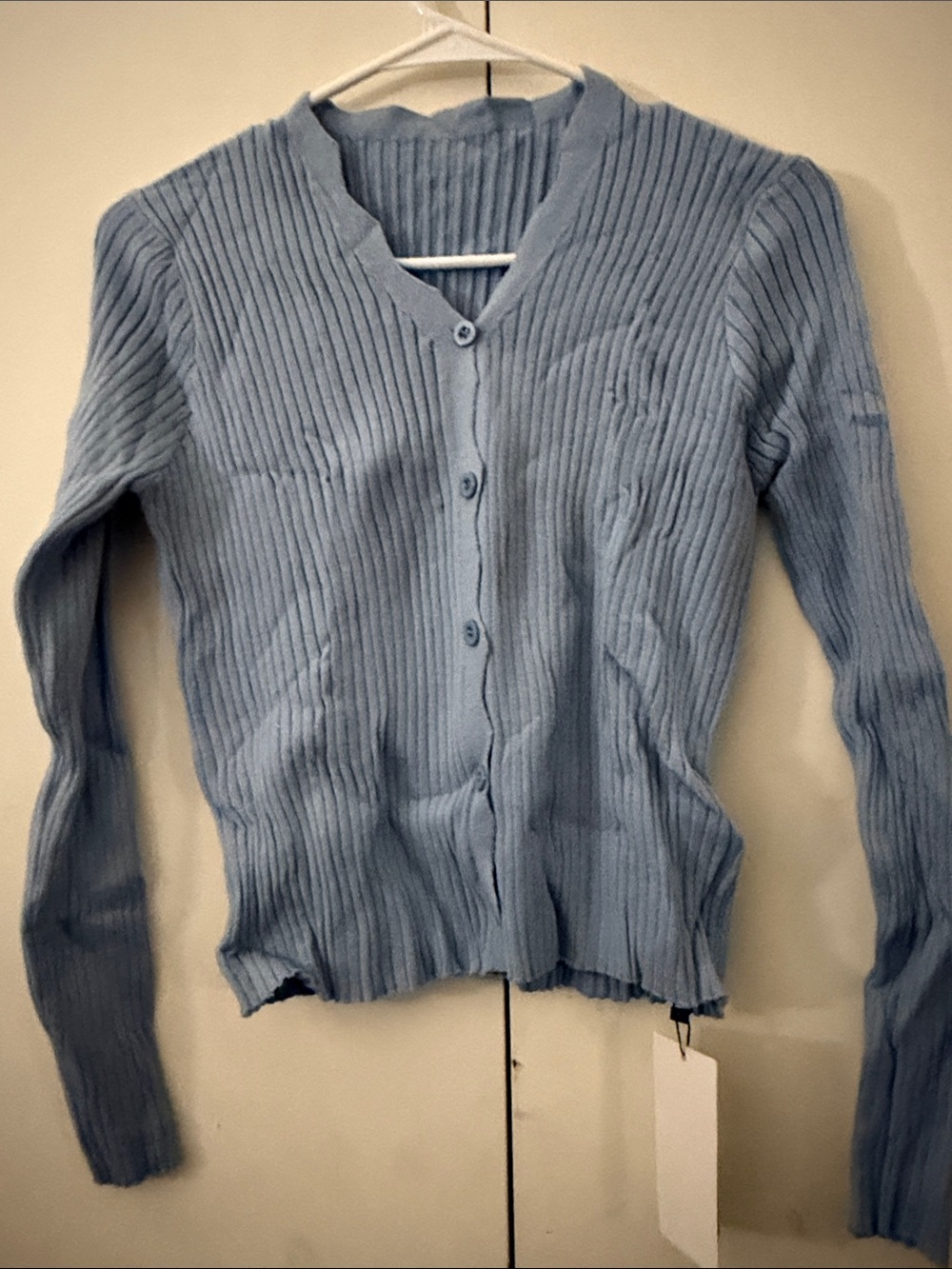 Light Blue Ribbed Button-Front Women's Cardigan